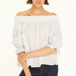 GRUNER OFF-SHOULDER PUFF-SLEEVE BLOUSE IN WHITE LAVENDER STRIPE